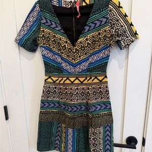 Multicolor Patterned V-Neck Short Sleeve Dress